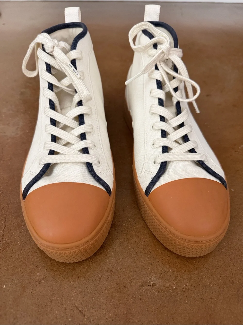 Tory Burch Nola High Top Canvas Sneakers Ivory Navy Women’s Size 10 NWOT